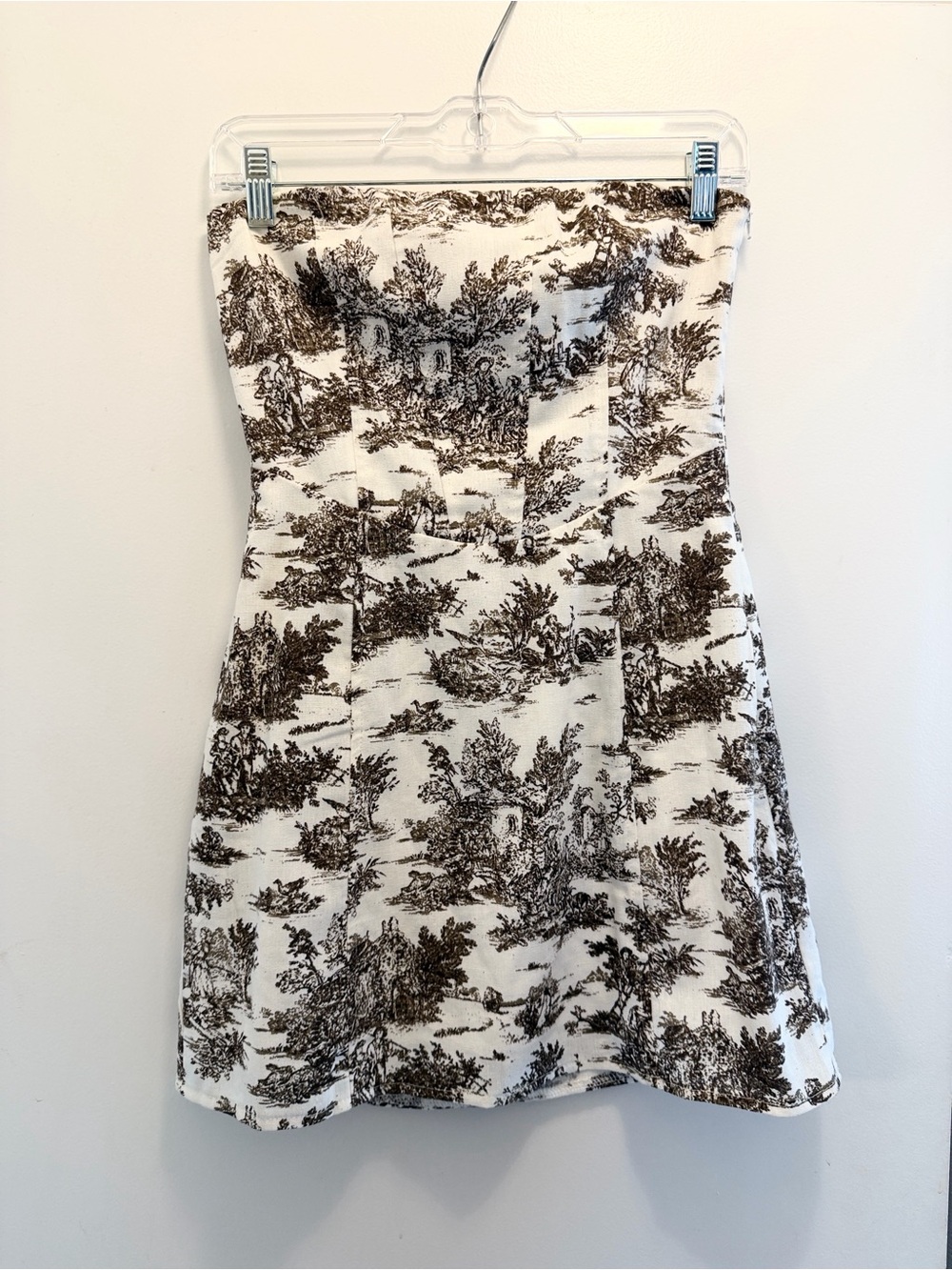 Windsor Strapless Toile A-Line Mini Dress in White and Brown Size S